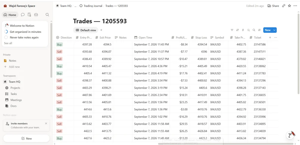 Notion Trades database showing real closed trades with entry price, exit price, stop loss, take profit and profit/loss